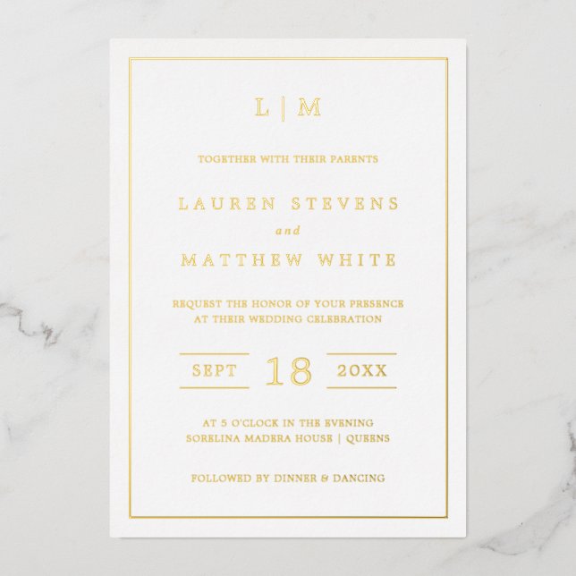 Simple Monogram Elegant Wedding Foil Invitation (Front)