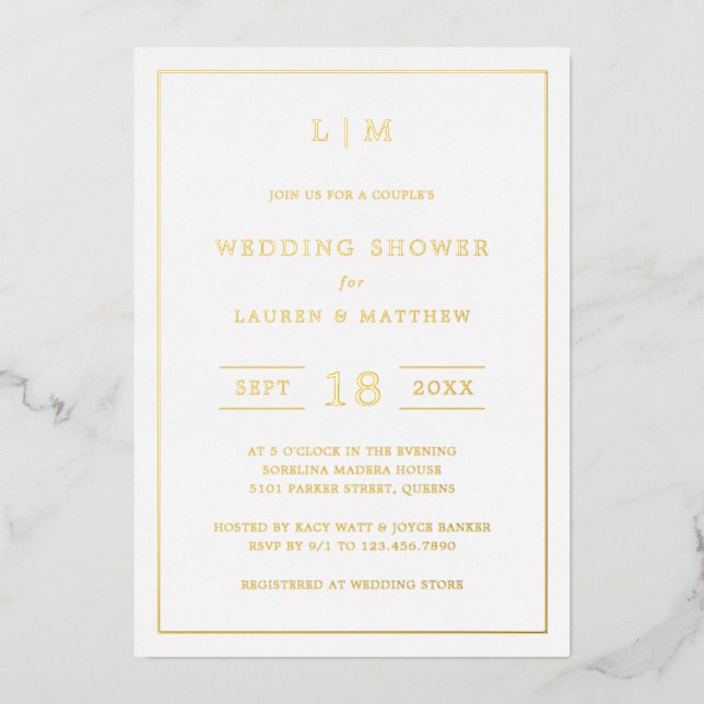 Simple Monogram Elegant Wedding Shower Foil Invitation (Front)
