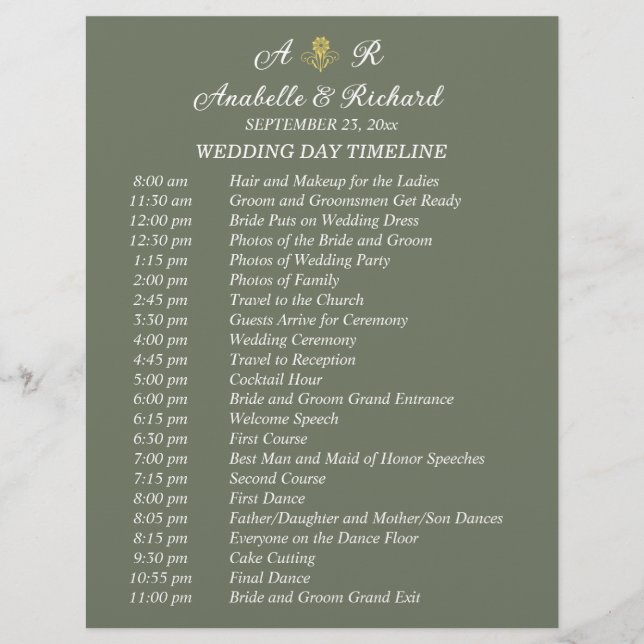 Simple Monogram Elegant Wedding Timeline Flyer (Front)