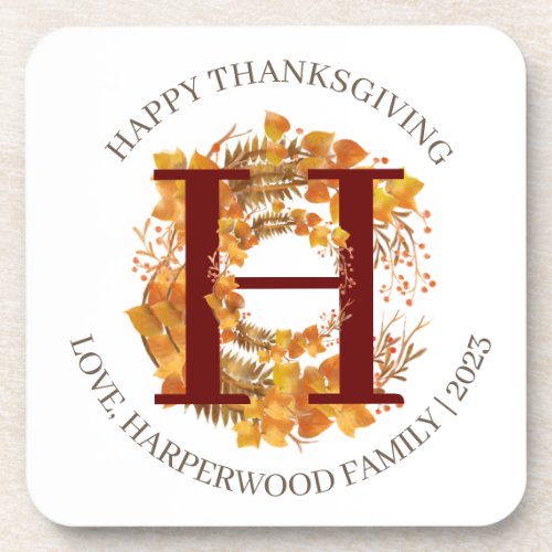 Simple Monogram Fall Harvest Happy Thanksgiving Beverage Coaster
