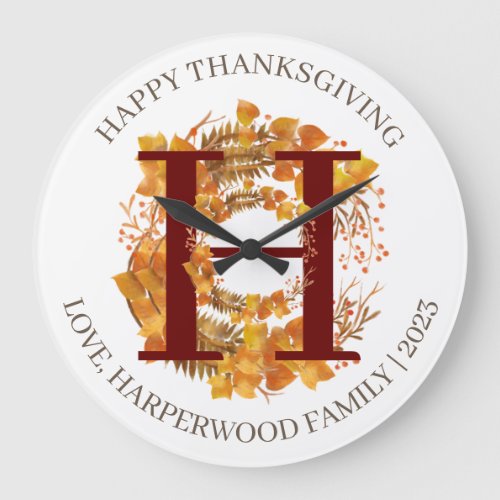 Simple Monogram Fall Harvest Happy Thanksgiving Large Clock