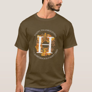 Simple Monogram Fall Harvest Happy Thanksgiving T-Shirt