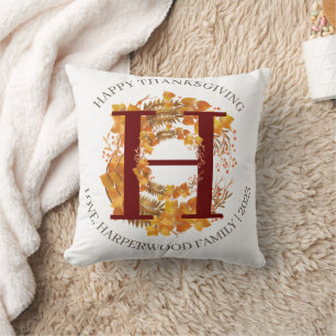 Simple Monogram Fall Harvest Happy Thanksgiving Throw Pillow