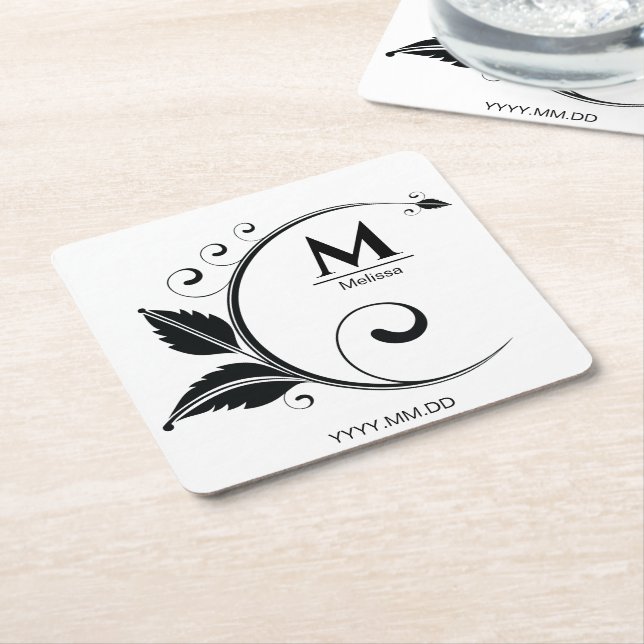 Simple Monogram Floral Stylish Square Paper Coaster (Angled)