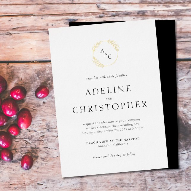 Simple Monogram Foil Leaves Wedding Invitation (Creator Uploaded)