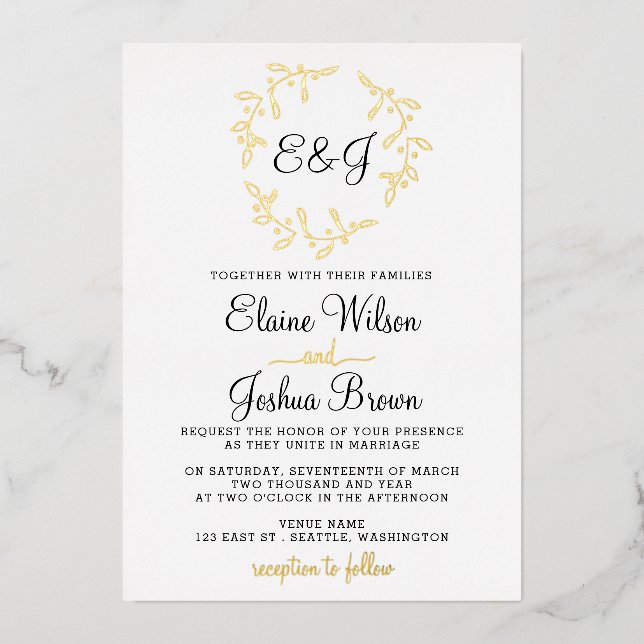 Simple Monogram Foil Wreath Wedding Foil Invitation (Front)