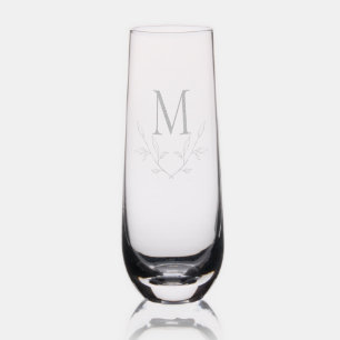 Simple Monogram Foliage Wedding  Stemless Champagne Flute