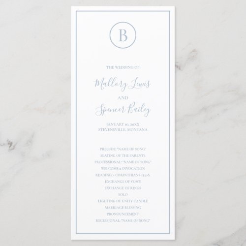 Simple Monogram Formal Dusty Blue Wedding Program