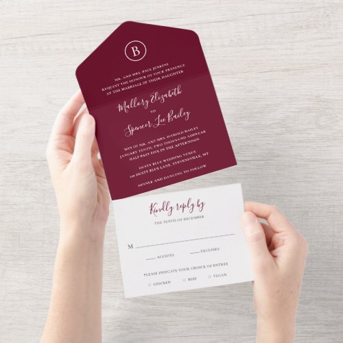 Simple Monogram Formal Elegant Burgundy Wedding All In One Invitation