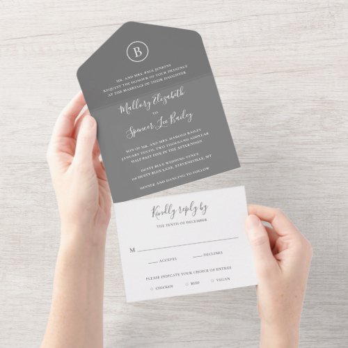 Simple Monogram Formal Elegant Gray Wedding All In One Invitation