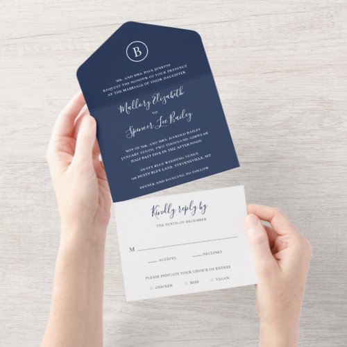 Simple Monogram Formal Elegant Navy Blue Wedding All In One Invitation