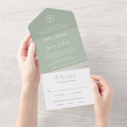 Simple Monogram Formal Elegant Sage Wedding All In One Invitation