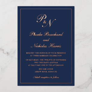 Simple Monogram Formal Navy Blue Wedding Rose Gold Foil Invitation
