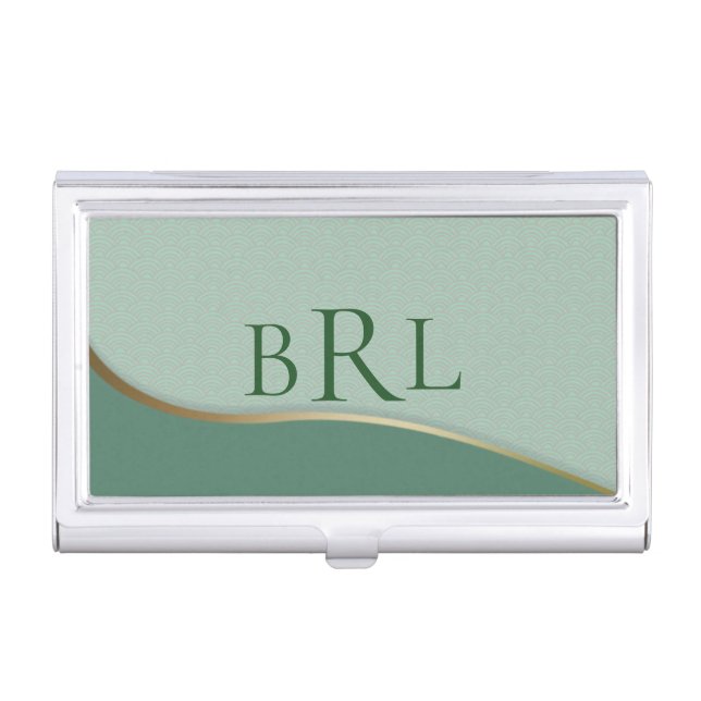 Simple Monogram Gold Line Green Clouds Pattern  Business Card Case (Front)