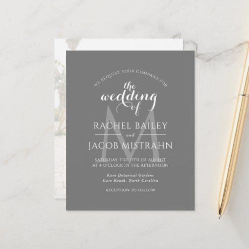 Simple Monogram Gray Grey Photo Wedding Invitation