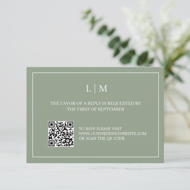 Simple Monogram Green QR Code Wedding RSVP Card (Standing Front)
