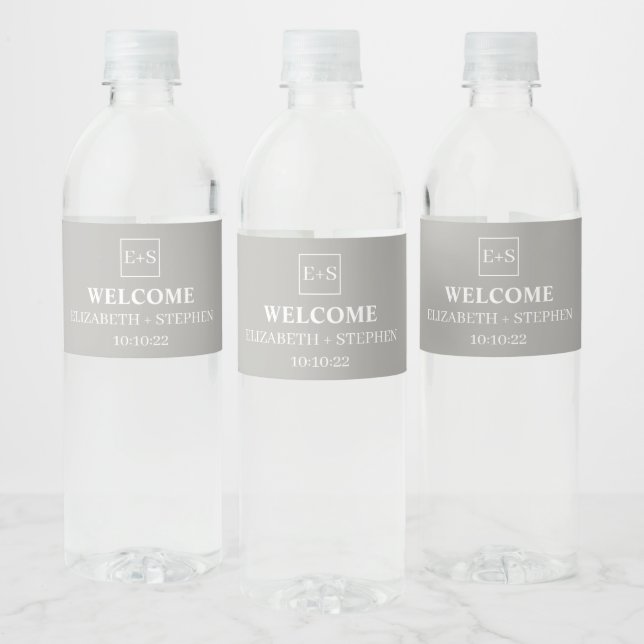 Simple Monogram  Grey and White  Wedding Water Bottle Label (Bottles)