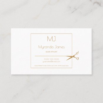 Simple Monogram Hair Stylist Modern Gold Scissors Business Card by GirlyBusinessCards at Zazzle
