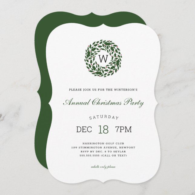 Simple monogram holly wreath Christmas Party Invitation (Front/Back)