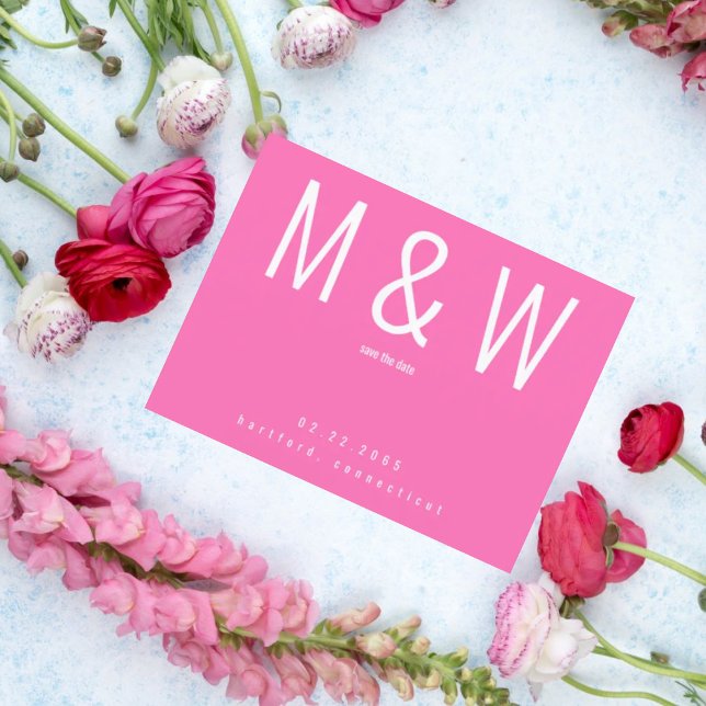 Simple Monogram Hot Pink Wedding Save the Date II Announcement Postcard (Creator Uploaded)