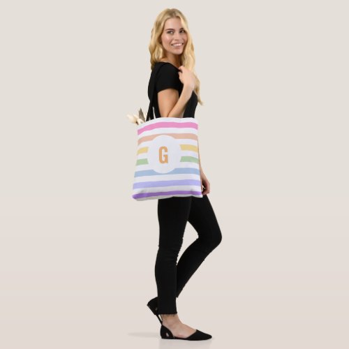 Simple Monogram in White Circle Pastel Rainbow Tote Bag