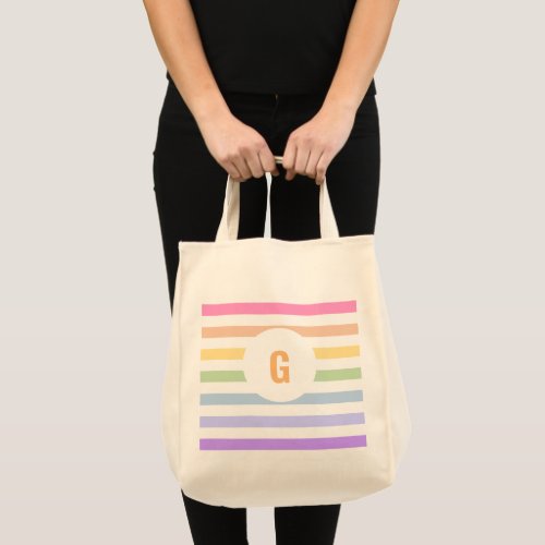 Simple Monogram in White Circle Pastel Rainbow Tote Bag