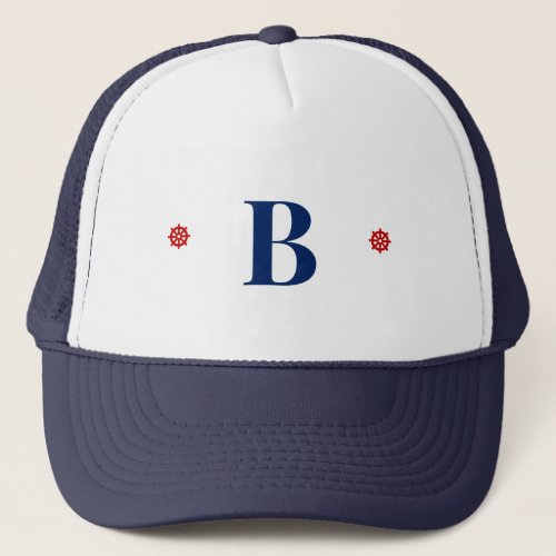 Simple Monogram Initial Nautical Marine Red Rudder Trucker Hat