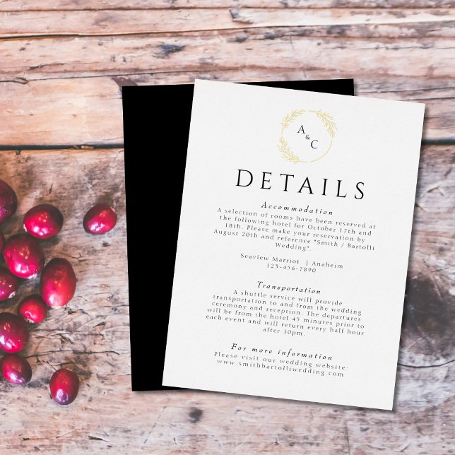 Simple Monogram Leaves Wedding Enclosure Gold Foil Invitation Postcard (Creator Uploaded)