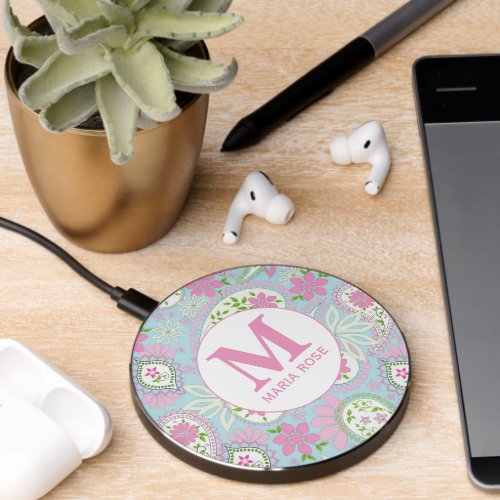 Simple Monogram Light Blue Preppy Paisley Pattern Wireless Charger