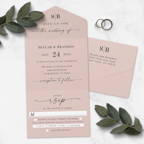 Simple Monogram Light Blush Pink Wedding All In One Invitation