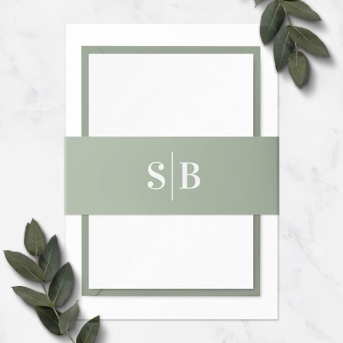 Simple Monogram Light Leaf Green Wedding Invitation Belly Band