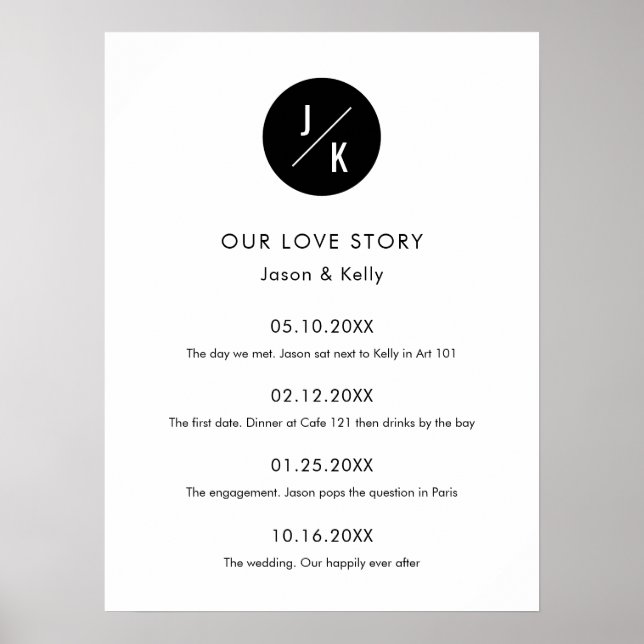 Simple Monogram Love Story Timeline Wedding Sign (Front)