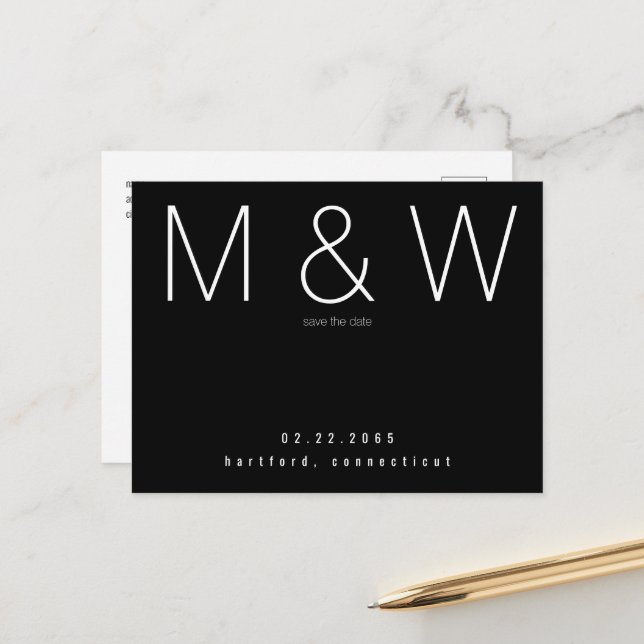 Simple Monogram Minimalist B/W Save the Date Announcement Postcard (Front/Back In Situ)