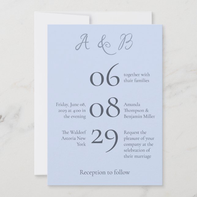 Simple Monogram Minimalist Beau Blue Wedding Invitation (Front)