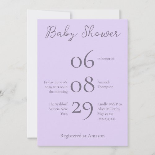 Simple Monogram Minimalist Lavender Baby Shower Invitation