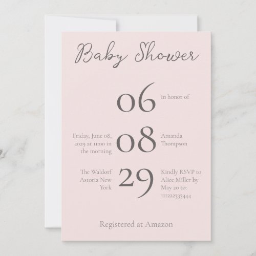 Simple Monogram Minimalist Misty Rose Baby Shower Invitation