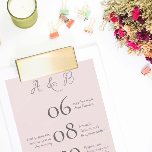 Simple Monogram Minimalist Misty Rose Wedding Invitation