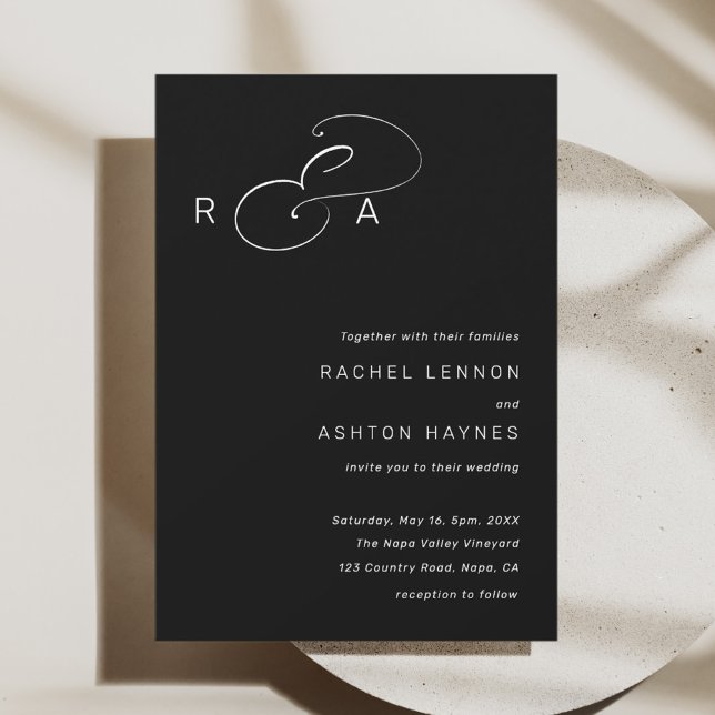 Simple Monogram Minimalist Wedding Black Invitation (Creator Uploaded)