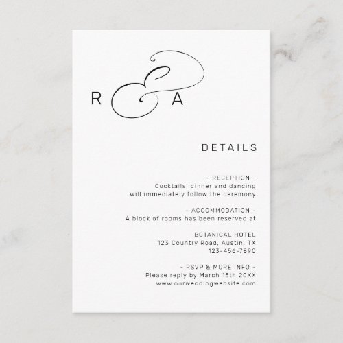Simple Monogram Minimalist Wedding Details  Enclosure Card