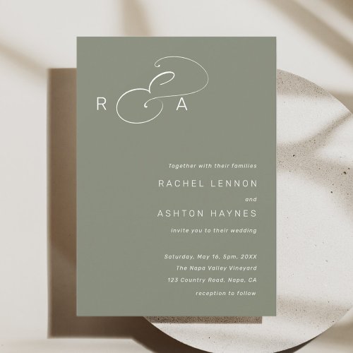 Simple Monogram Minimalist Wedding Sage Green Invitation