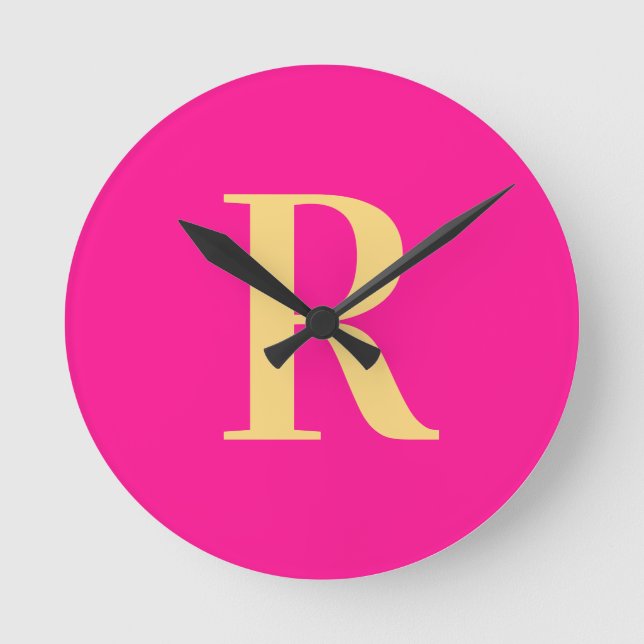 Simple Monogram Modern Hot Pink Round Clock (Front)