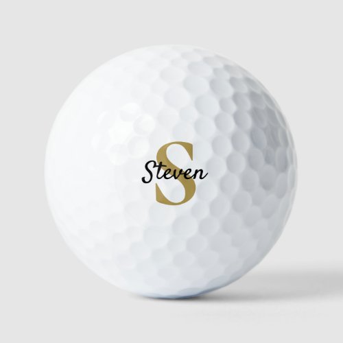 Simple Monogram Name Gold and Black Golf Balls
