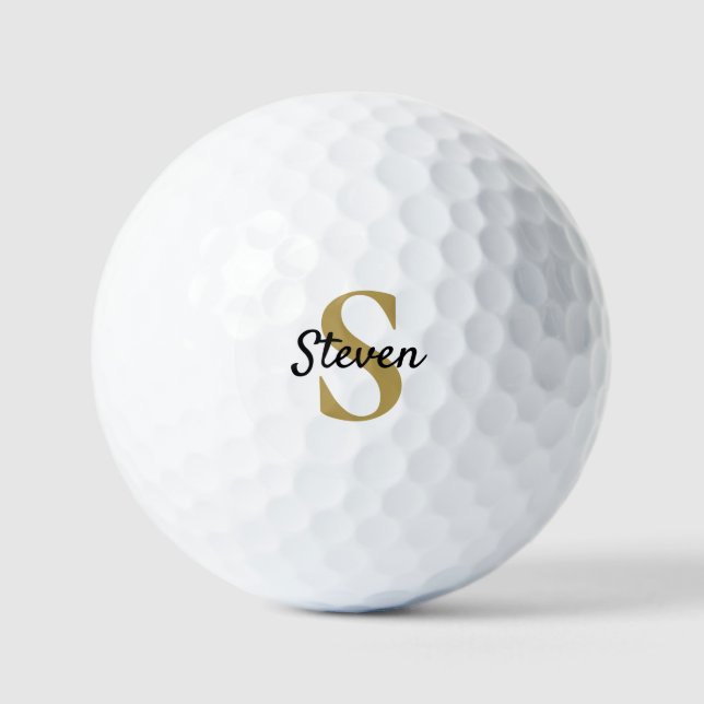 Simple Monogram Name Gold and Black Golf Balls (Front)