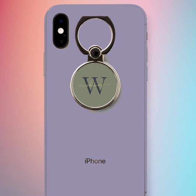 Simple Monogram Name & Initial Olive Green Phone Ring Stand (Creator Uploaded)