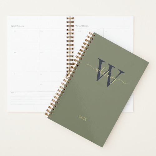 Simple Monogram Name  Initial Olive Green Planner