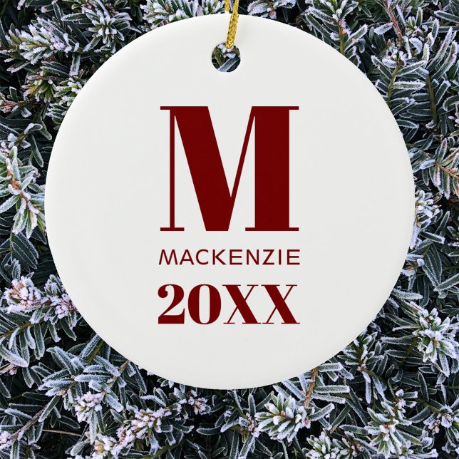 Simple Monogram Name Year Red and White Ceramic Ornament (Simple modern red and white personalized monogram initial name year Christmas ornament)