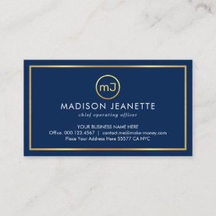 Simple Monogram On Gold Frame Blue Layer Business Card