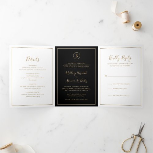 Simple Monogram Photo Black Faux Gold Wedding Tri_Fold Invitation