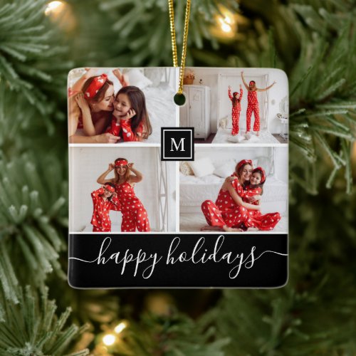 Simple Monogram Photo Collage Happy Holiday Black Ceramic Ornament