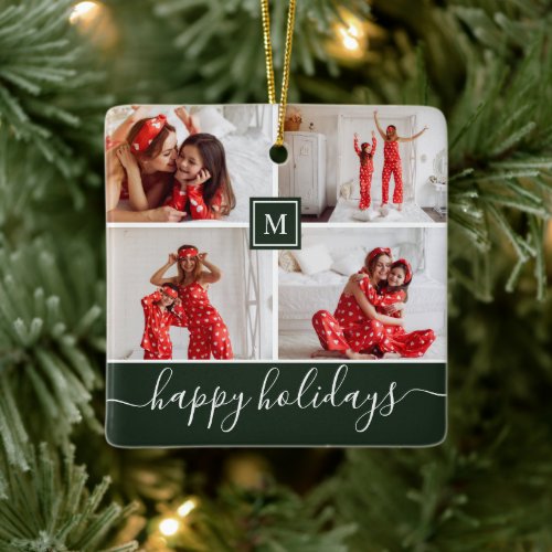 Simple Monogram Photo Collage Happy Holiday Green Ceramic Ornament